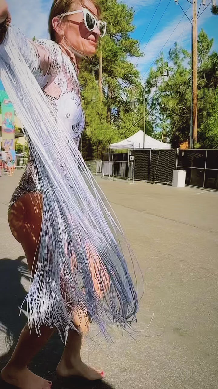 Kateri White Festival Outfit, Sequin Tassel Fringe Bodysuit Catsuit Party Dress Sequin Jumpsuit Burning Man Bride Cowgirl Stagecoach Goddess