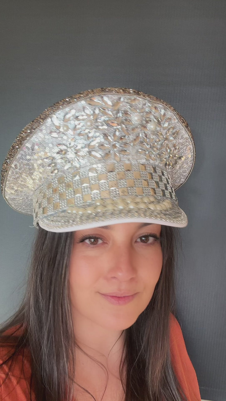 Silver Rhinestone Hat / Sequin Hat / Party Captain Hat / Festival Hat, Burning Man Hat, EDC Hat, Rave Hat / Birthday Hat / Custom Phrase Hat