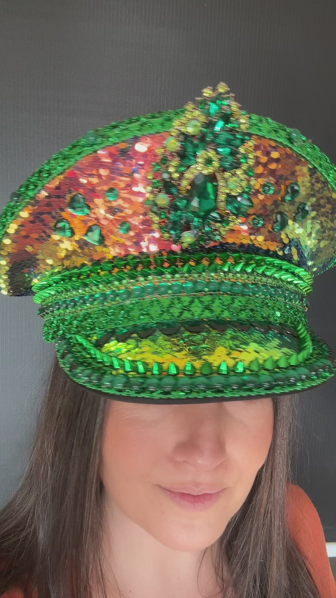 Green and Gold Saint Patricks Day Rhinestone Hat, Party Captain Hat, Rainbow Sequin Festival Hat, Rave Hat, Birthday Hat, Custom Word Hat