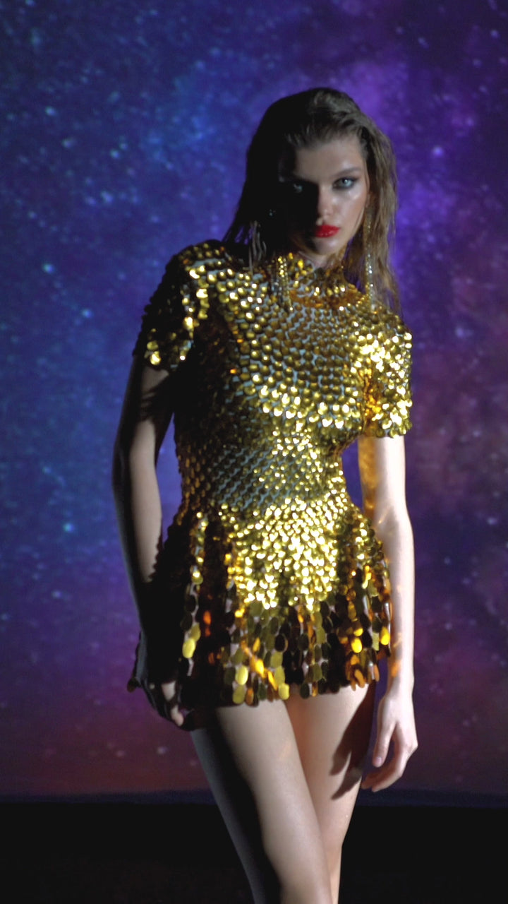 Helen Gold Sequins Party Dress - Womens Burning Man Outfit NYE Sparkle Club Festival / Metallic Rave Seashells