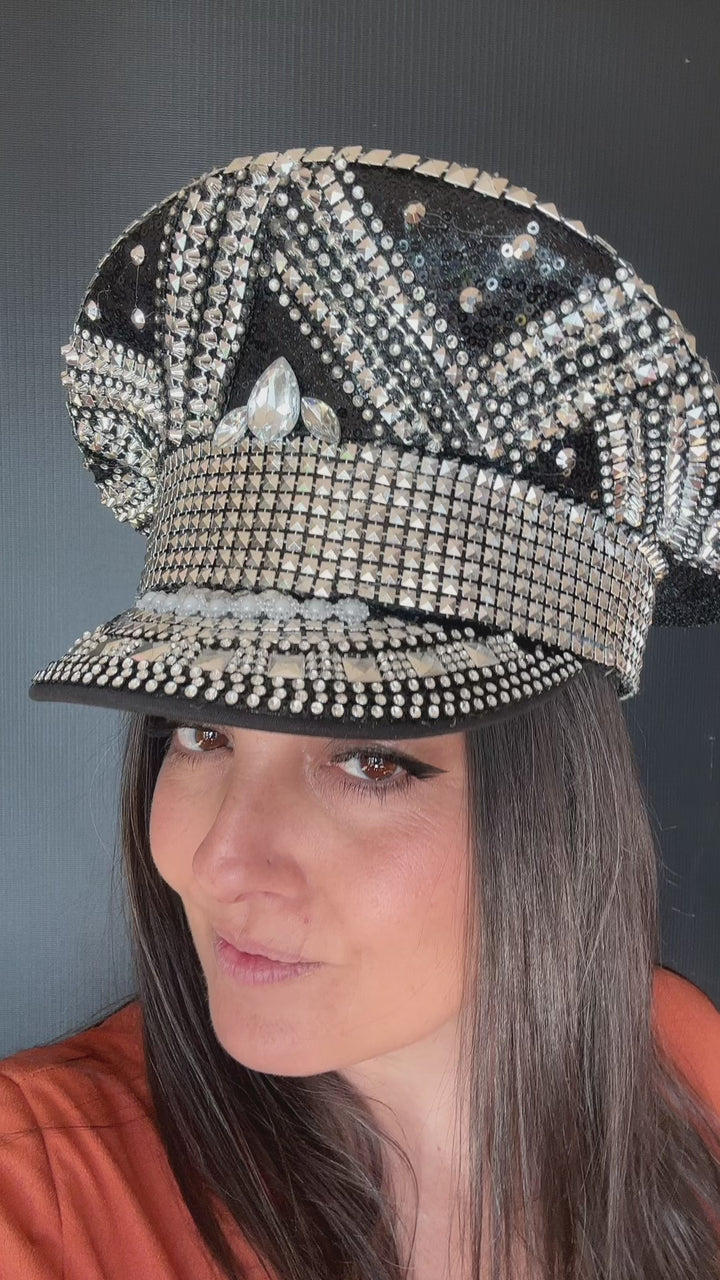 Black and Silver Rhinestone Hat / Sequin Hat / Party Captain Hat / Festival Hat, EDC Hat, Rave Hat / Birthday Hat / Custom Phrase Hat