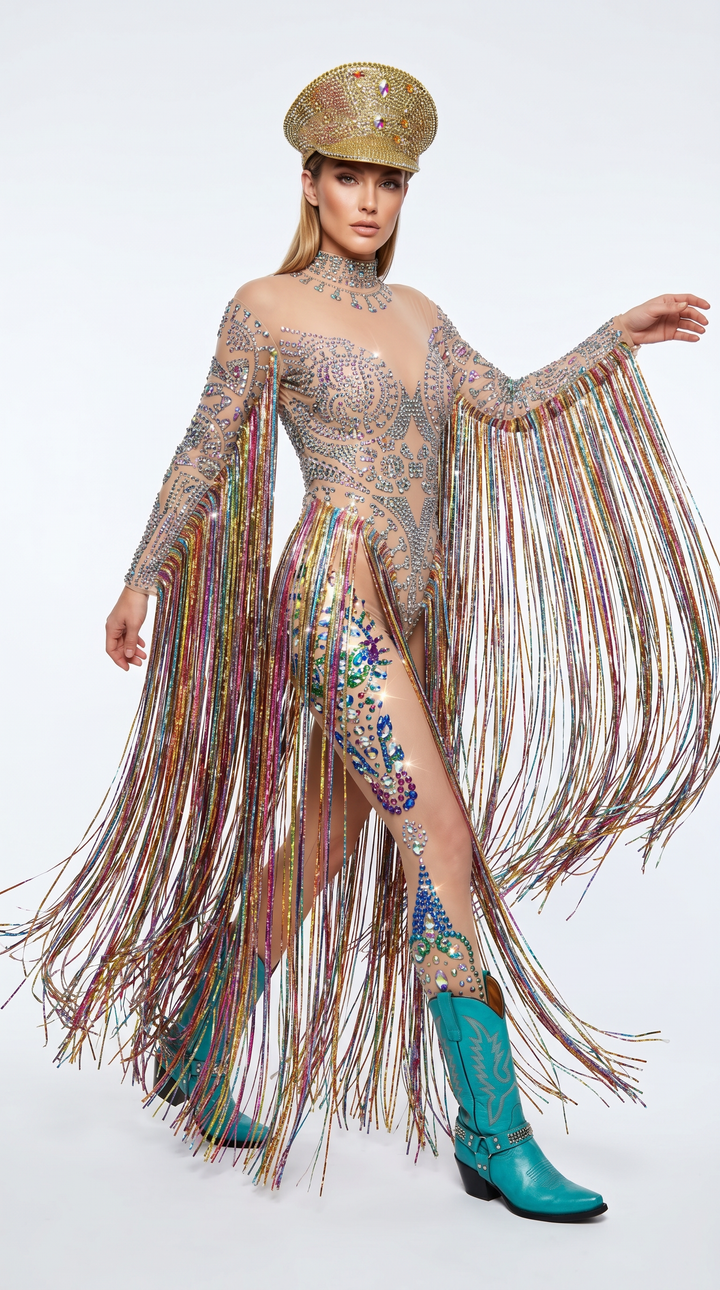 The Elton Rhinestone Fringe Bodysuit | Long Tassel Festival, Drag &amp; Stage Outfit – Manifestie