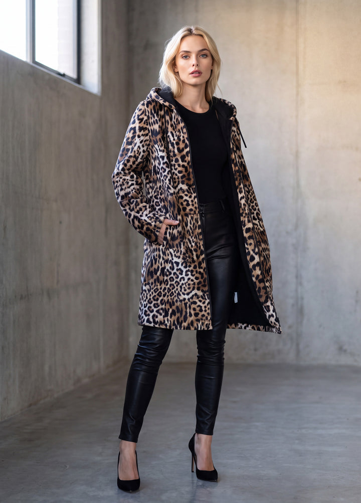Leopard Print Cuddle Coat | Unisex Minky Sherpa Lined Coat with Hood, Zipper and Pockets | Women and Mens Festival Coat | Mountain Fashion