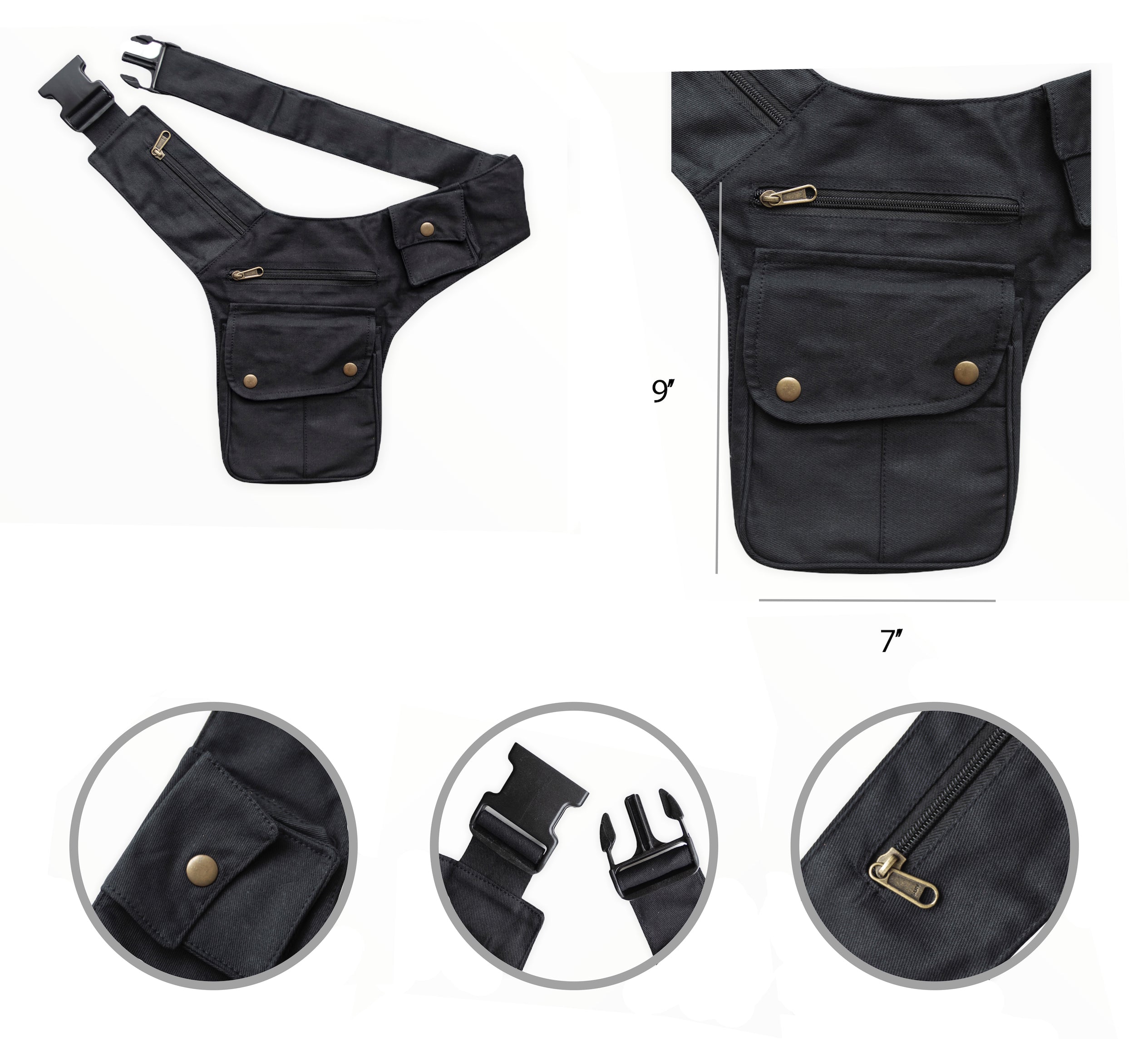 Unisex Cotton Utility Pocket Belt | Black, 7 pockets | travel, festivals, money belt, vendor belt