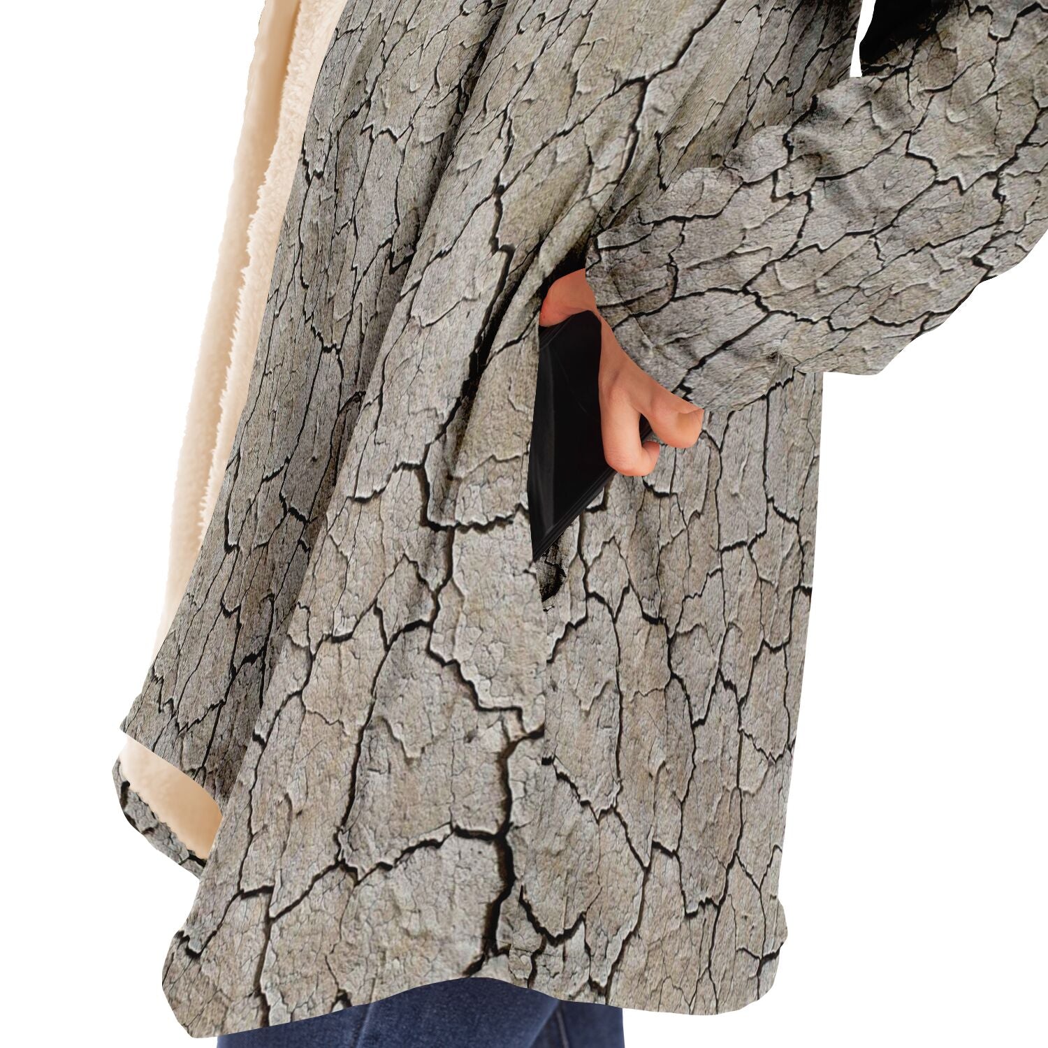 Black Rock City Cuddle Cloak | Playa Coat | Beige, Cream | Unisex Minky Sherpa Hooded Coat for Burning Man