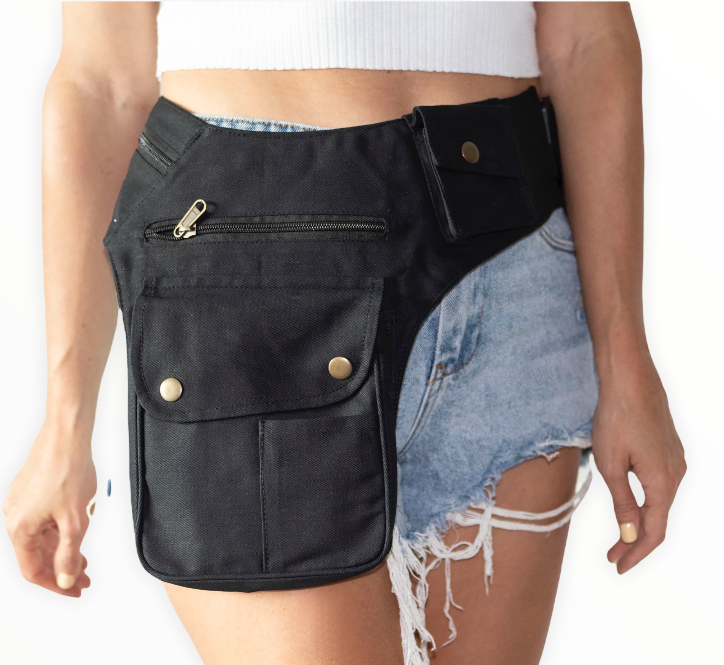 Unisex Cotton Utility Pocket Belt | Black, 7 pockets | travel, festivals, money belt, vendor belt