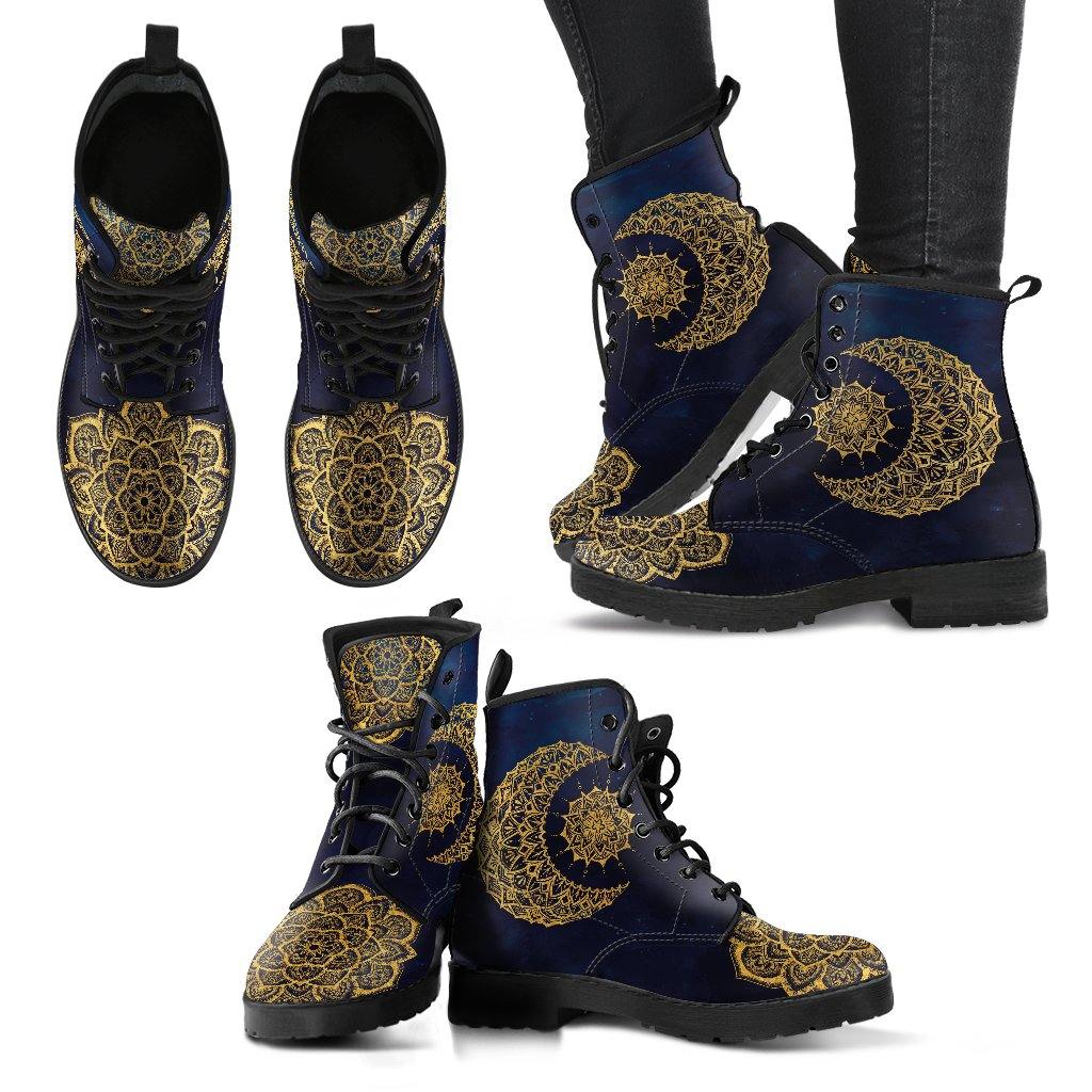 Gold Sun and Moon on Blue Vegan Leather Boots - Manifestie