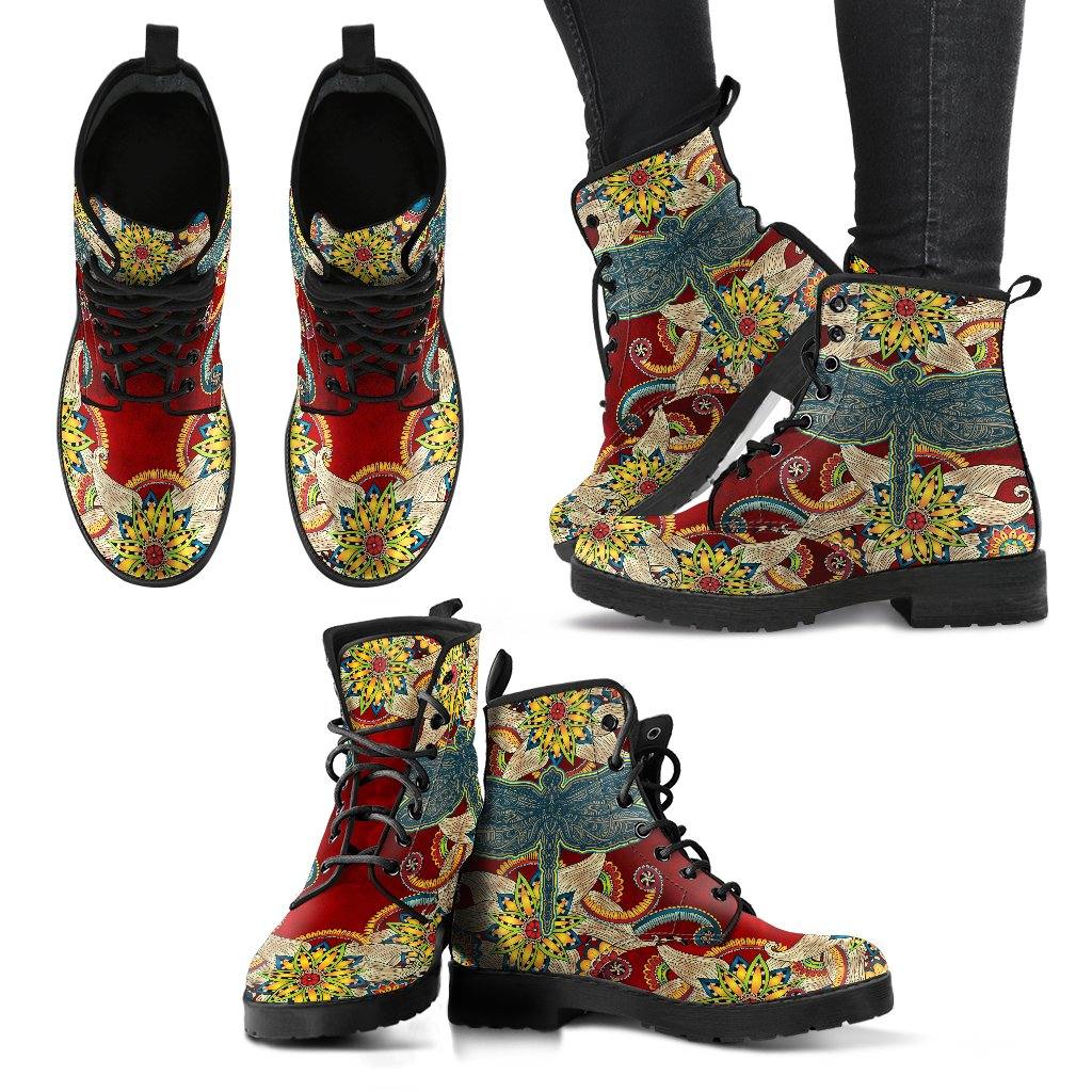 Red Floral Dragonfly Vegan Leather Boots - Manifestie