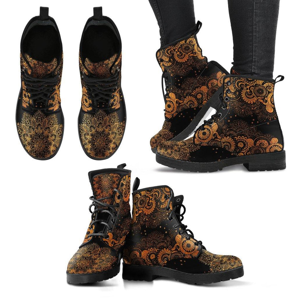 Black and Gold Paisley Mandala Vegan Leather Boots - Manifestie