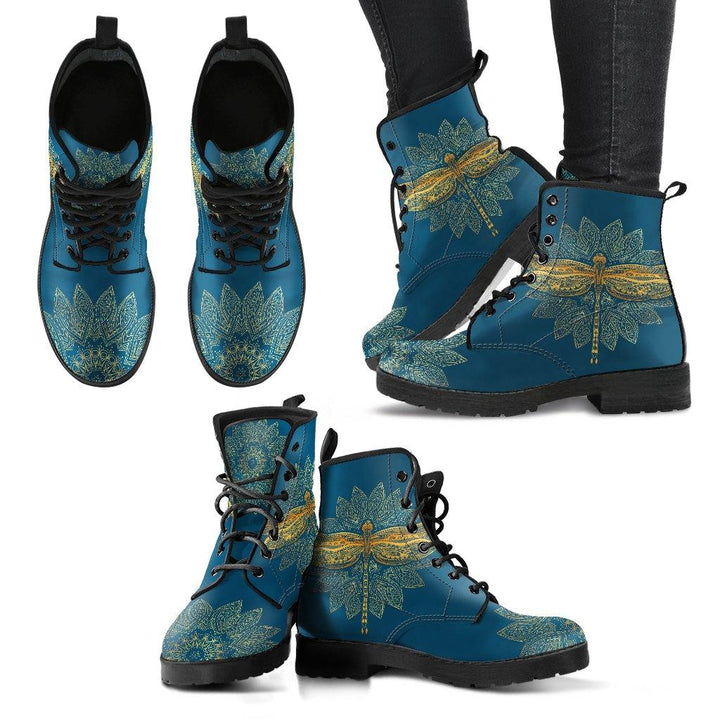 Gold Dragonfly on Teal Vegan Leather Boots - Manifestie