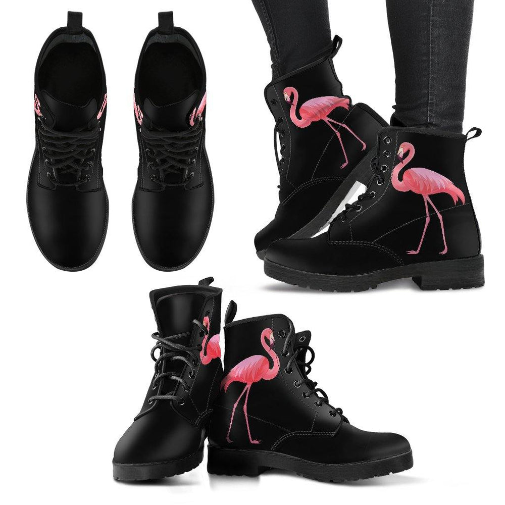 Flamingo on Black Vegan Leather Boots - Manifestie