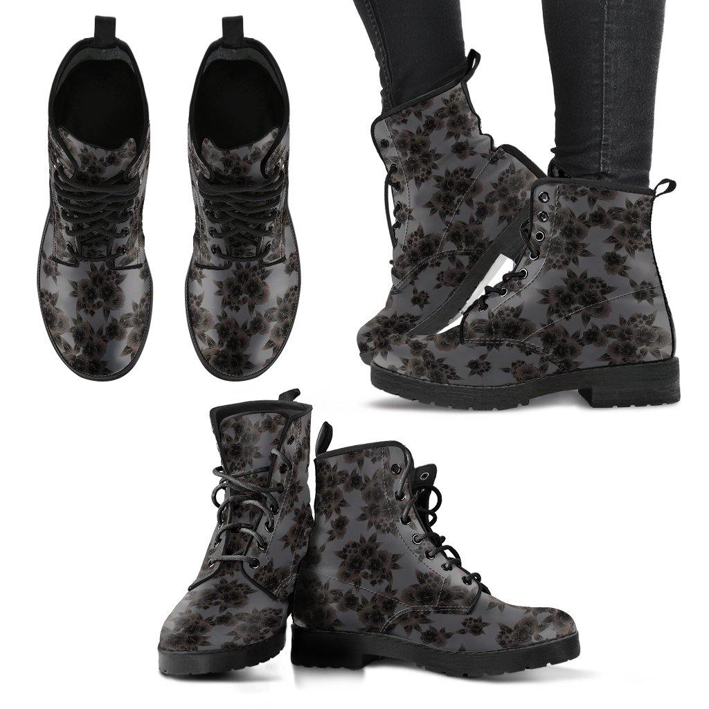 Black And Grey Flowers Pattern Handcrafted Boots - Manifestie