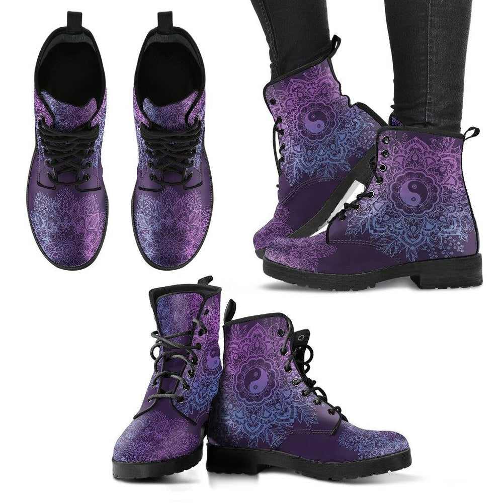 Purple YinYang Mandala Vegan Leather Boots - Manifestie