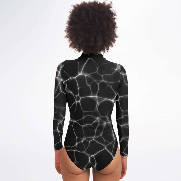 Black Water Long Sleeve Swimsuit | Full Piece Bodysuit | Front Zipper Bathing Suit | 50+ UPF Protection, UV Swimwear