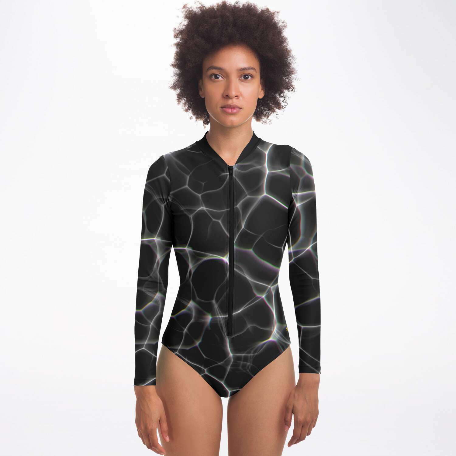 Black Water Long Sleeve Swimsuit | Full Piece Bodysuit | Front Zipper Bathing Suit | 50+ UPF Protection, UV Swimwear