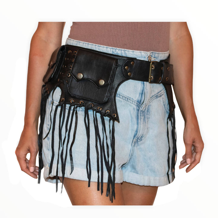 Leather Utility Belt | Black Tassels, 5 pockets | travel, cosplay, festival - Manifestie