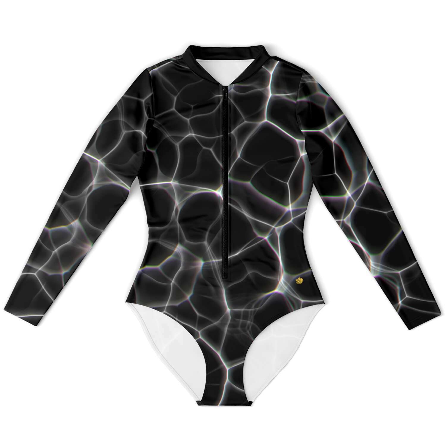 Black Water Long Sleeve Swimsuit | Full Piece Bodysuit | Front Zipper Bathing Suit | 50+ UPF Protection, UV Swimwear