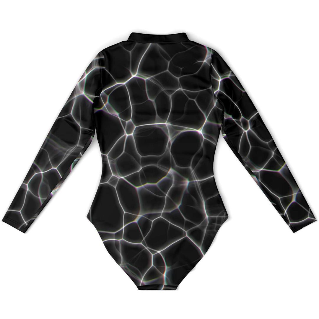 Black Water Long Sleeve Swimsuit | Full Piece Bodysuit | Front Zipper Bathing Suit | 50+ UPF Protection, UV Swimwear