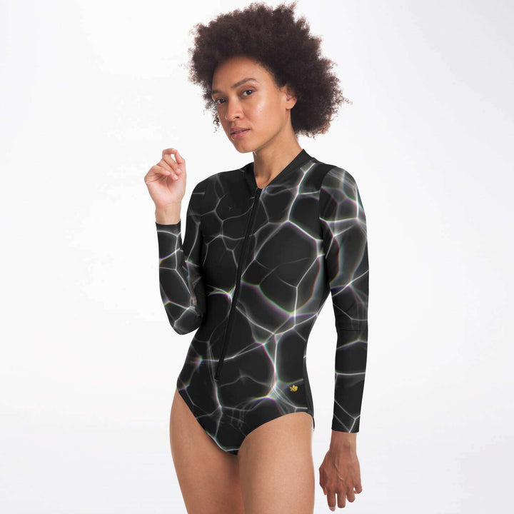 Black Water Long Sleeve Swimsuit | Full Piece Bodysuit | Front Zipper Bathing Suit | 50+ UPF Protection, UV Swimwear