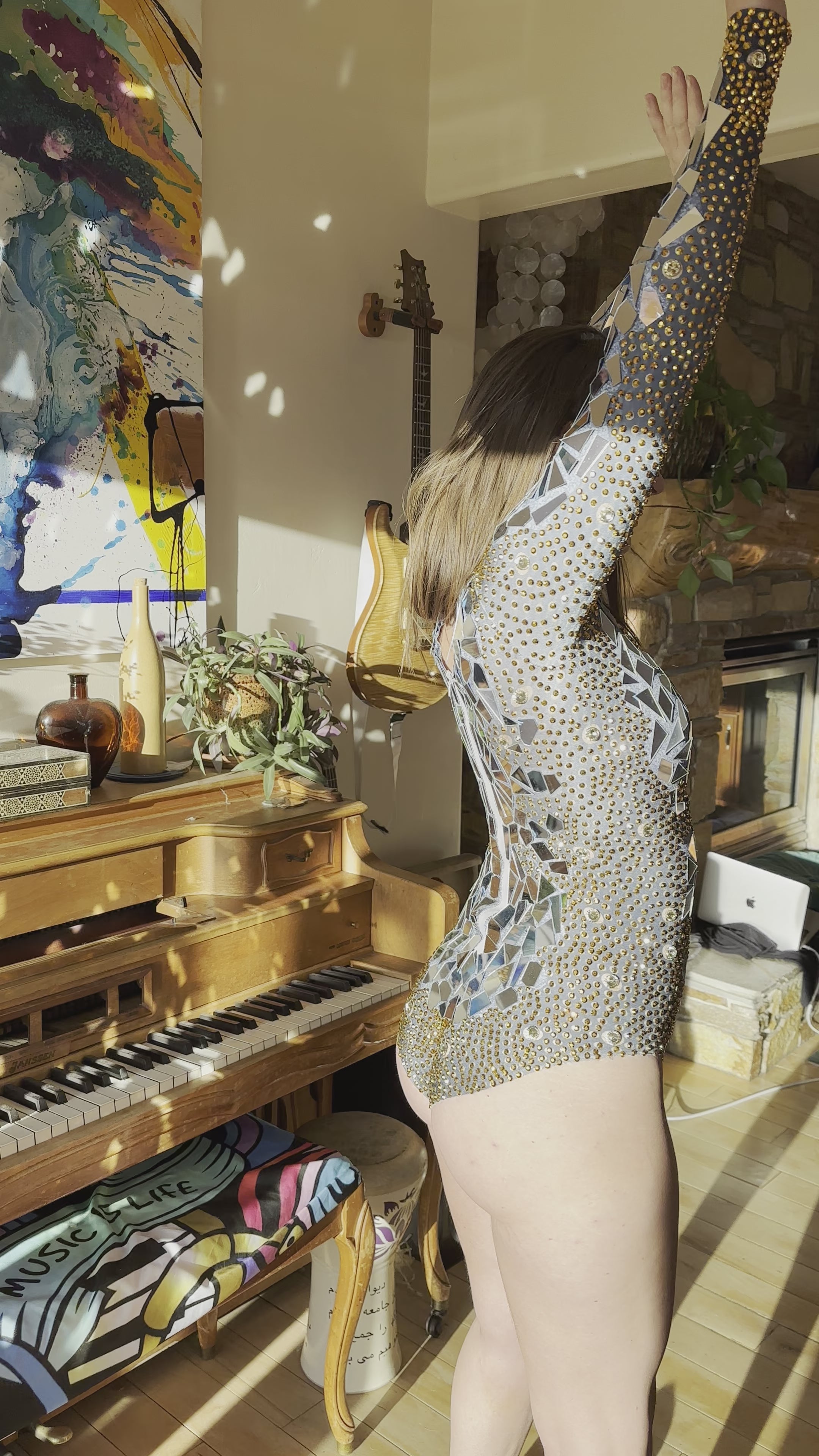 Luminous Mirror Bodysuit / Gold & Silver Rhinestone Leotard / Disco Ball Festival Wedding / Halloween / Crystal Catsuit / Burning Man / Dance Performer