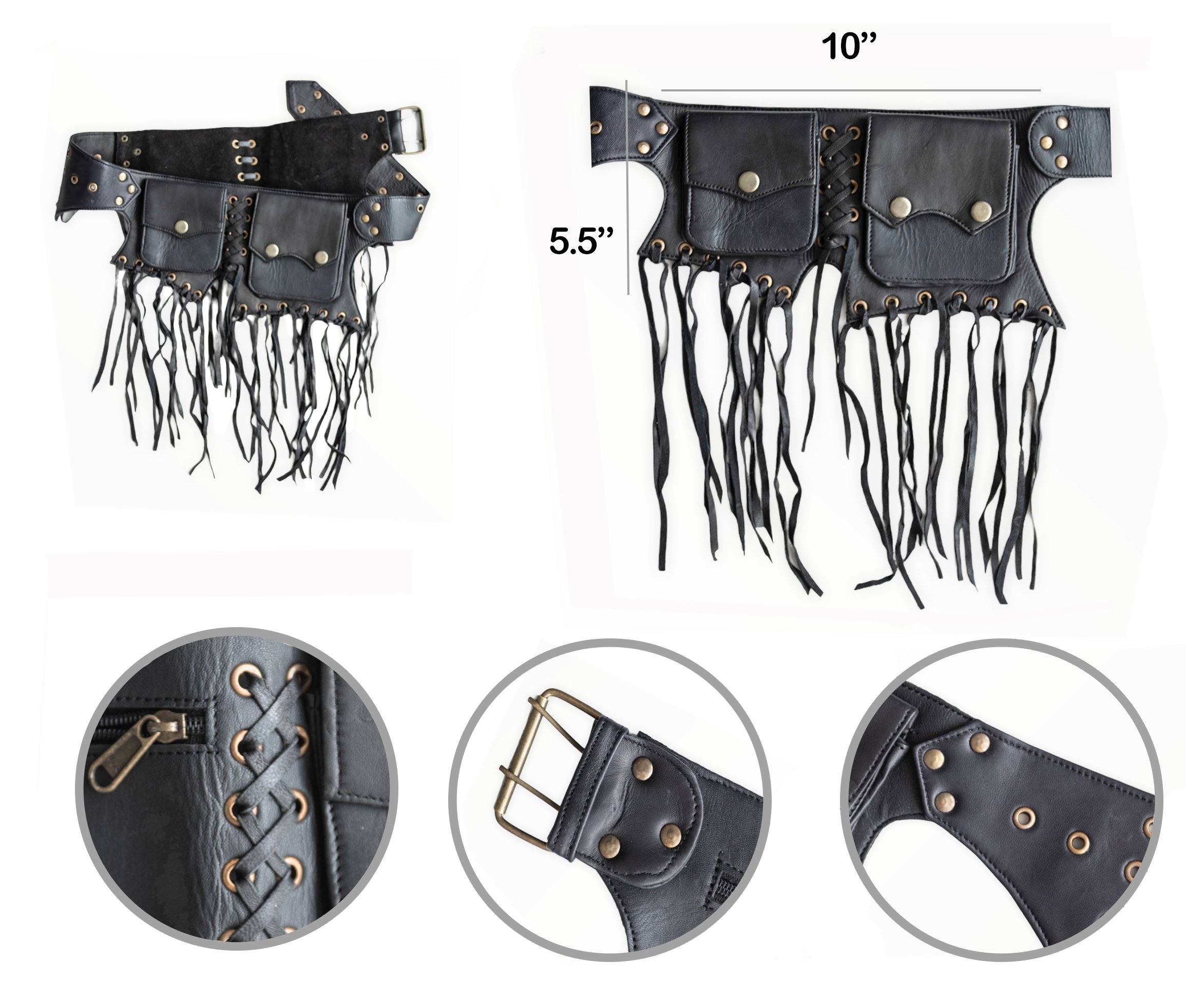 Leather Utility Belt | Black Tassels, 5 pockets | travel, cosplay, festival - Manifestie