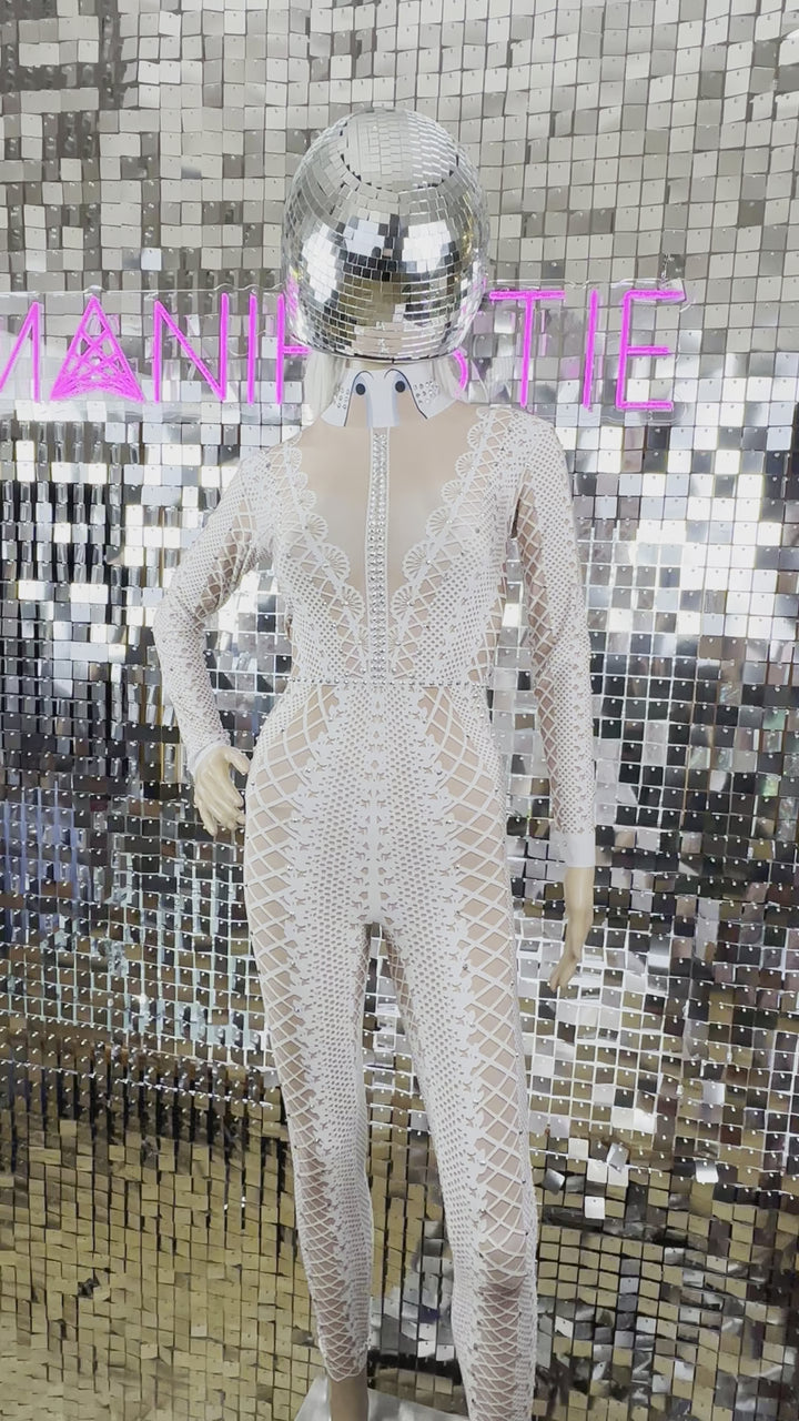 Justine Rhinestone Bodysuit / White Diamond Lace Pantsuit Catsuit / Crystal Festival Outfit / Burning Man / Performer Costume