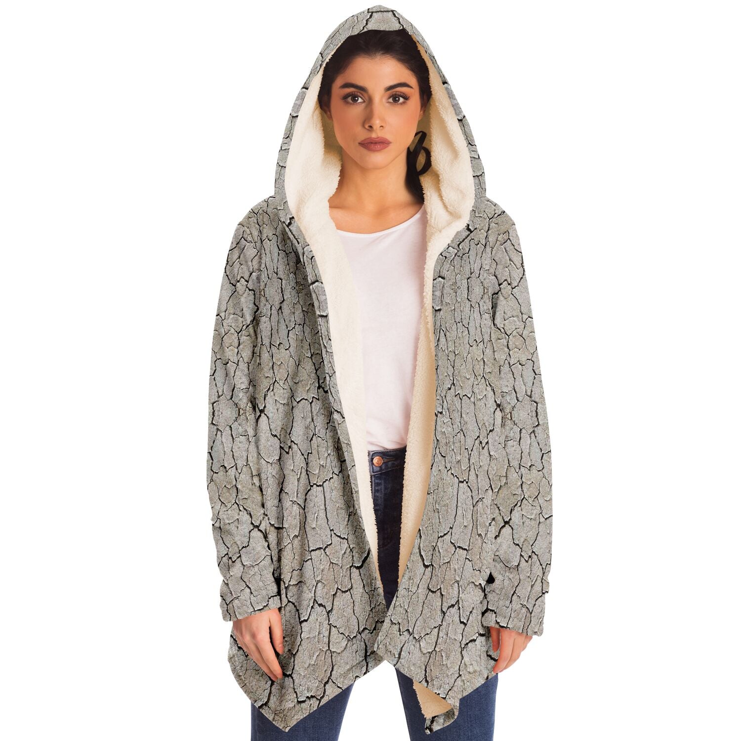 Black Rock City Cuddle Cloak | Playa Coat | Beige, Cream | Unisex Minky Sherpa Hooded Coat for Burning Man