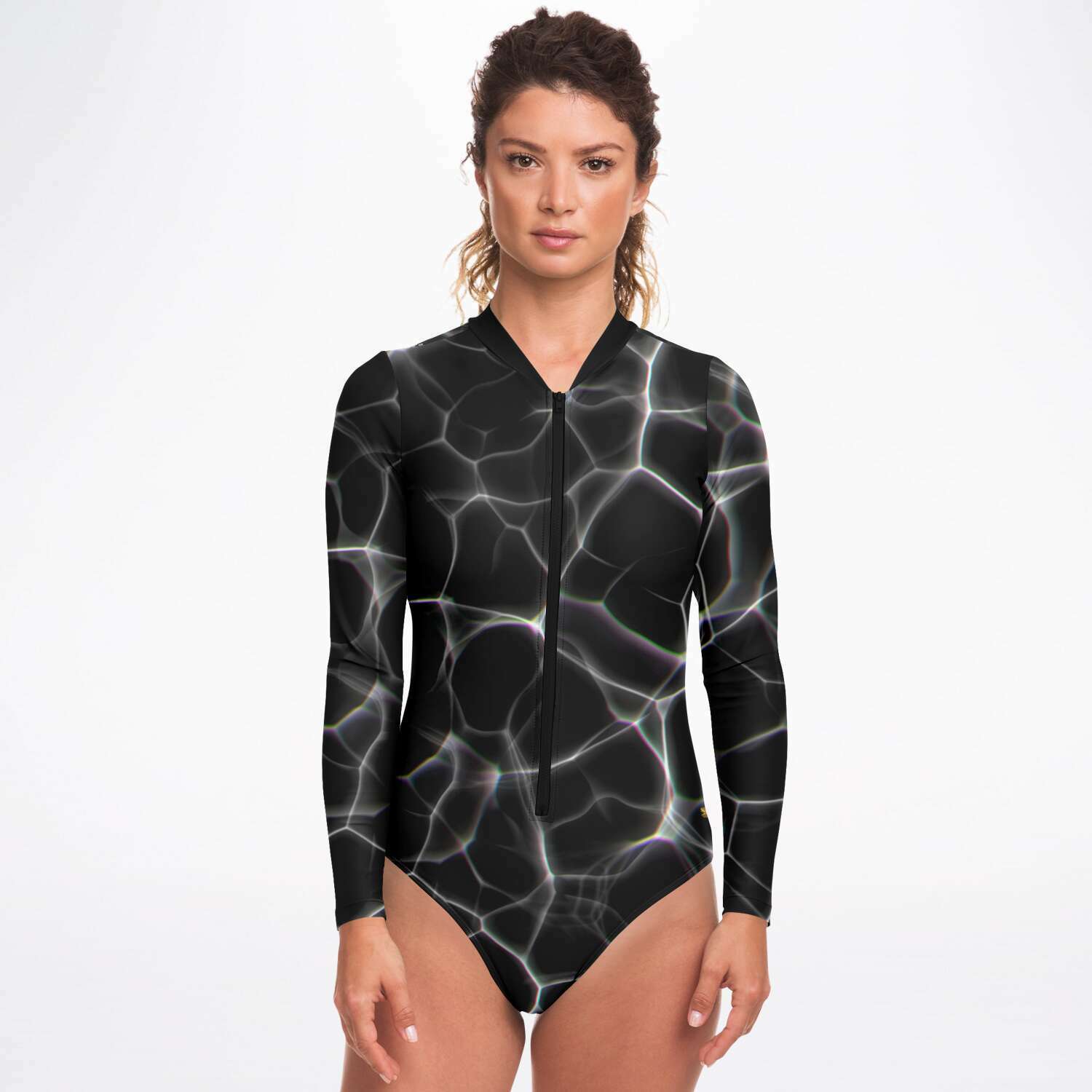 Black Water Long Sleeve Swimsuit | Full Piece Bodysuit | Front Zipper Bathing Suit | 50+ UPF Protection, UV Swimwear