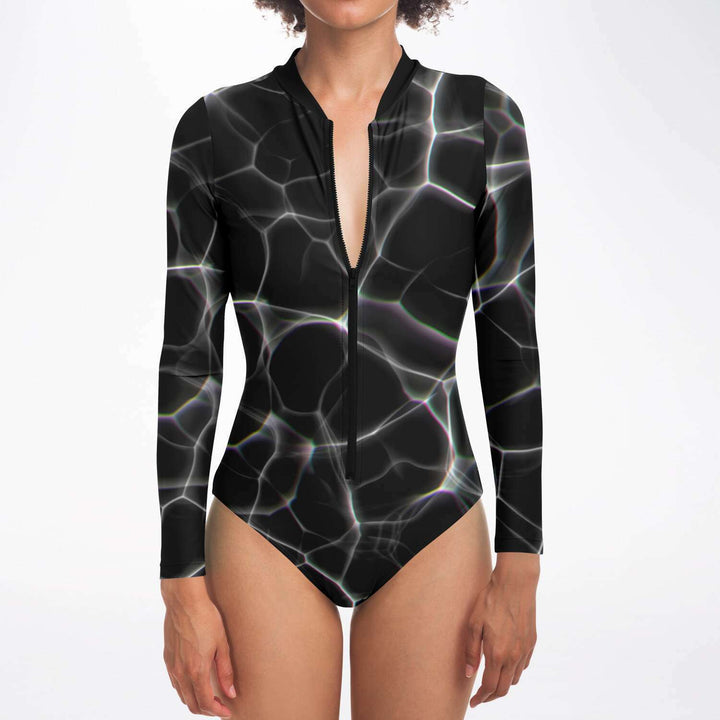 Black Water Long Sleeve Swimsuit | Full Piece Bodysuit | Front Zipper Bathing Suit | 50+ UPF Protection, UV Swimwear