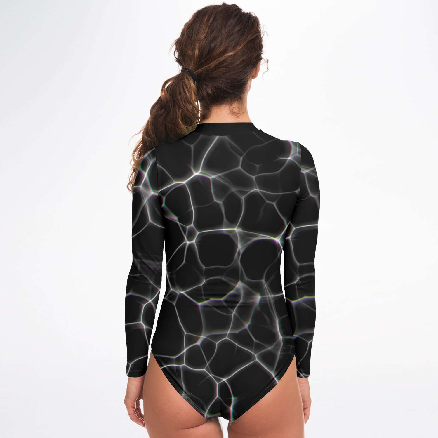 Black Water Long Sleeve Swimsuit | Full Piece Bodysuit | Front Zipper Bathing Suit | 50+ UPF Protection, UV Swimwear