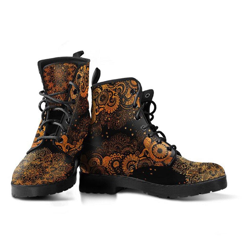 Black and Gold Paisley Mandala Vegan Leather Boots - Manifestie