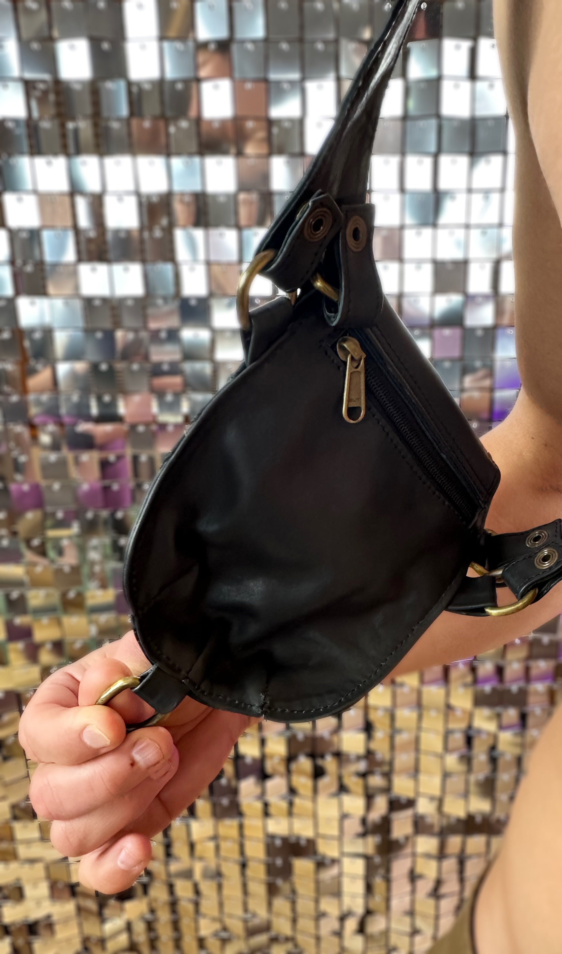 Black Leather Holster Style Pocket Bag with Labradorite Stone | Leather Holster Belt, Festival Belt, Pocket Holster, Utility Holster Vest