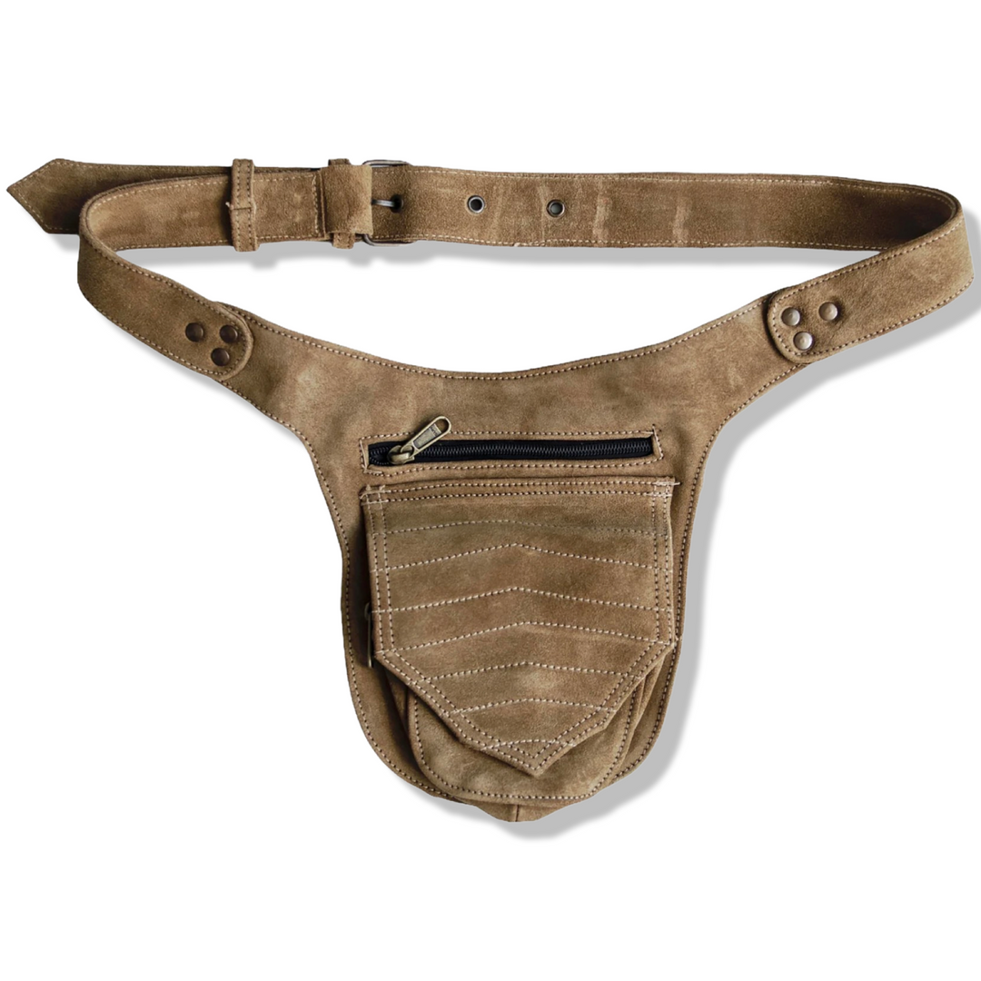 Unisex Leather Festival Belt | Suede, 3 pocket | travel, festival, fanny pack