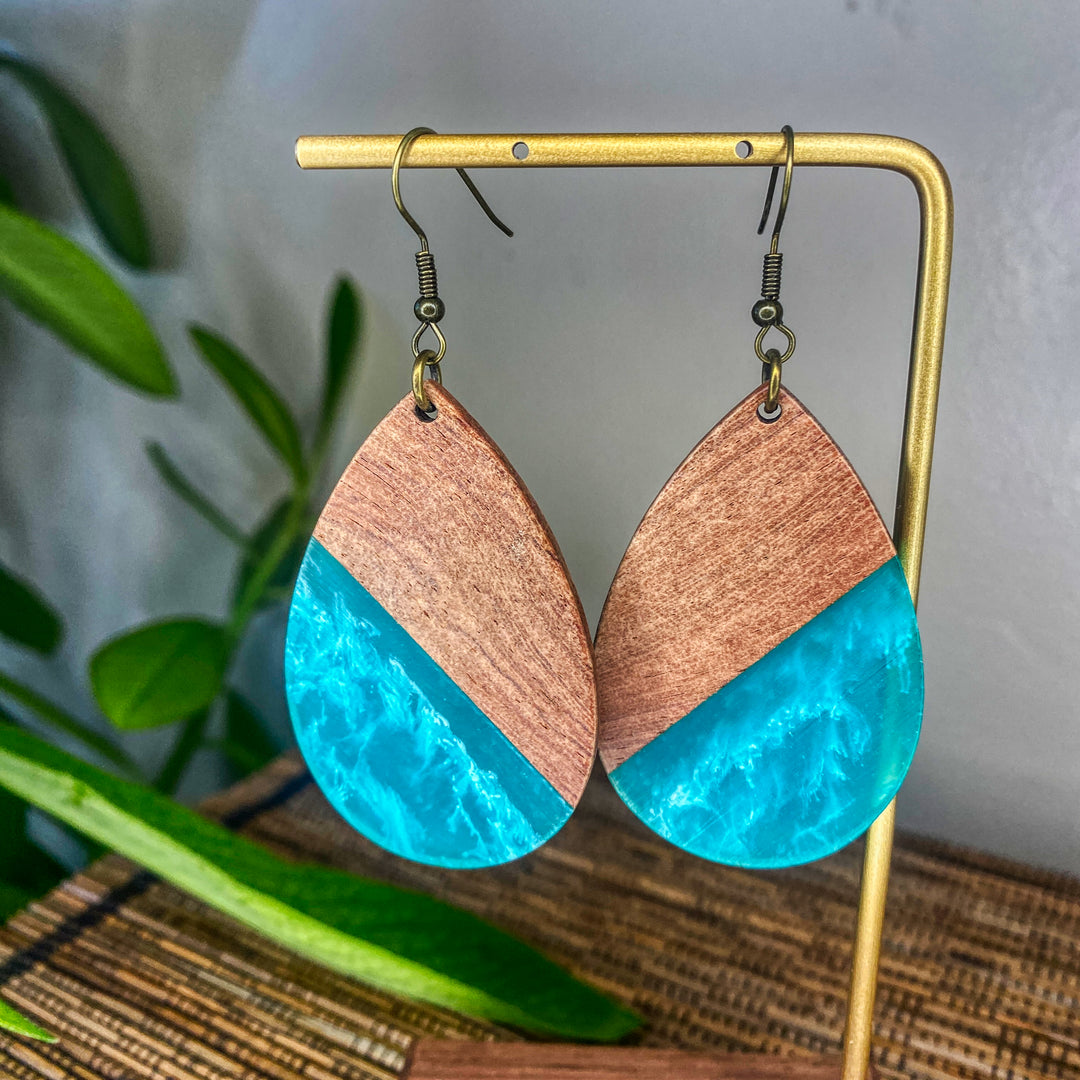 Tear Drop Natural Wood + Resin Earrings | Tahoe Blue | Large Dangle Earrings