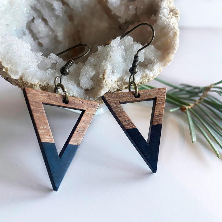 Triangle Walnut Wood + Resin Earrings | Black Dangle Earrings