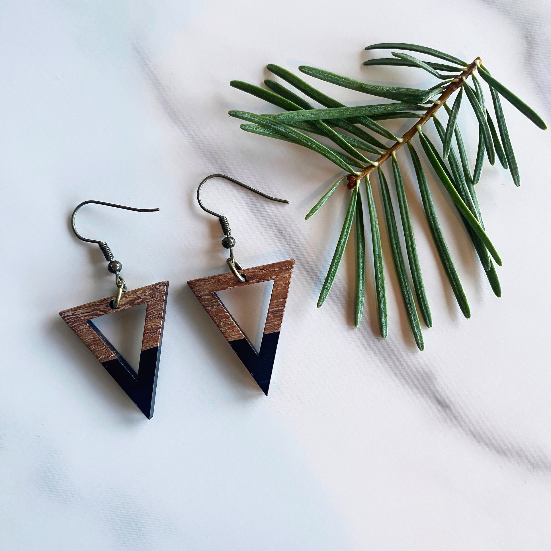 Triangle Walnut Wood + Resin Earrings | Black Dangle Earrings