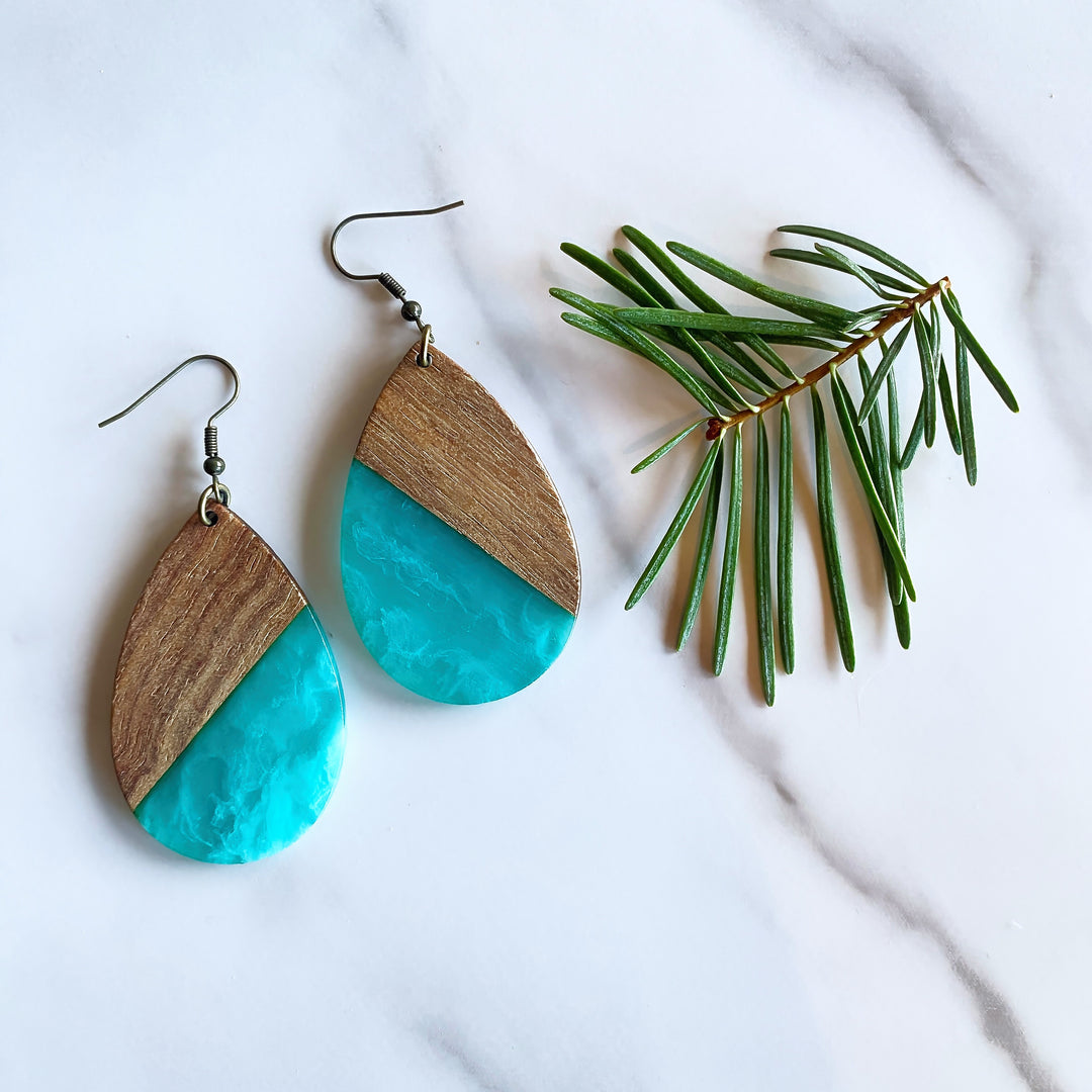 Tear Drop Natural Wood + Resin Earrings | Tahoe Blue | Large Dangle Earrings
