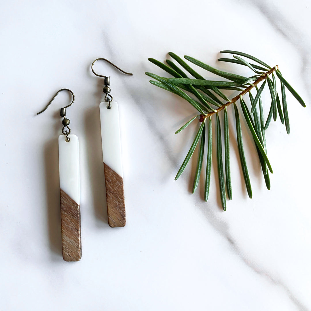 Long Classic Walnut Wood + Resin Earrings