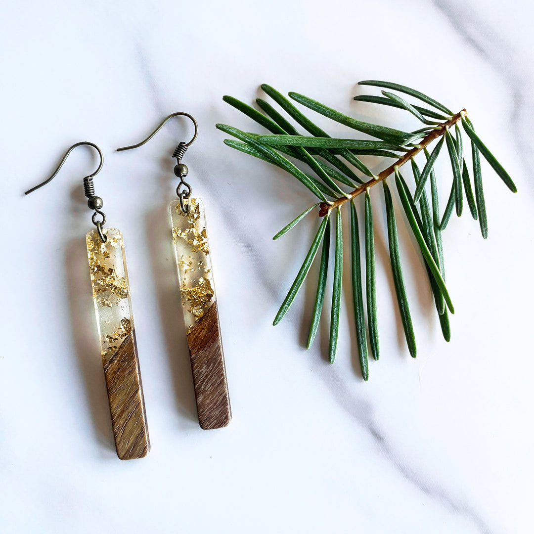 Long Classic Walnut Wood + Resin Earrings