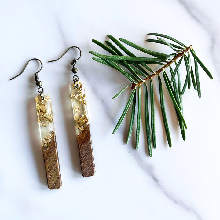 Long Classic Walnut Wood + Resin Earrings