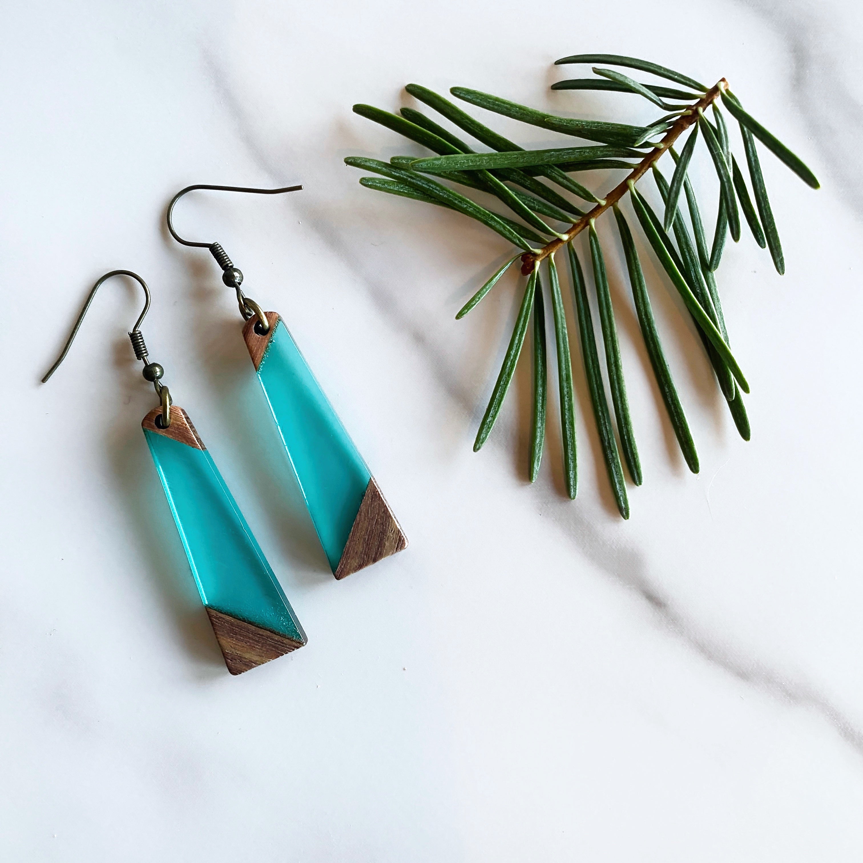 Geometric Wood + Resin Earrings | Sea Glass Colored | Long Tapered Dangle Earrings