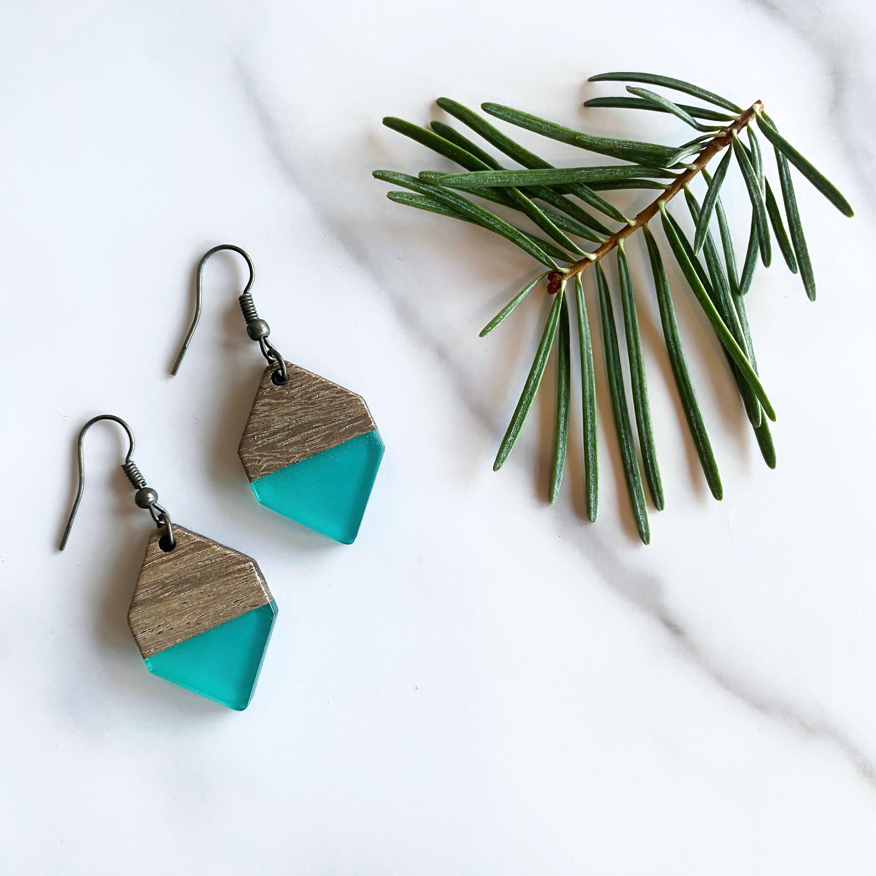 Hexagon Wood + Resin Earrings | Sea Glass Colored Tahoe Blue