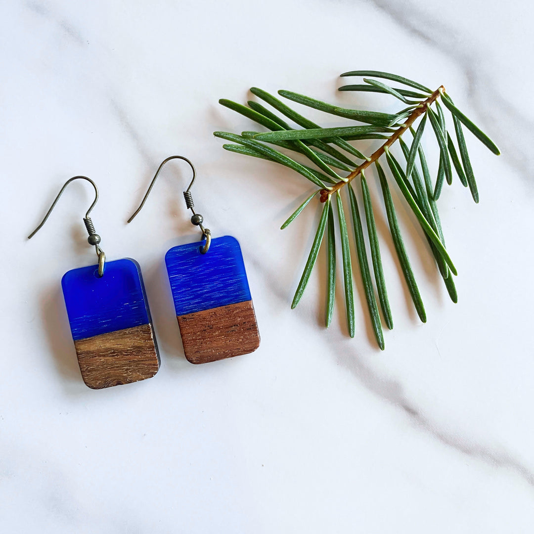 Boxy Walnut Wood + Resin Earrings | Sea Glass Colored Tahoe Blue