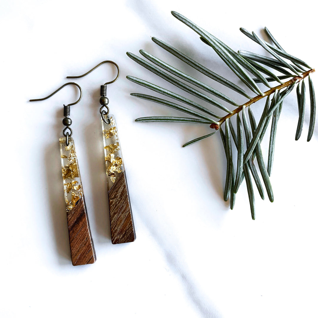 Tapered Natural Wood + Resin Earrings | Gold Flake | Long Dangle Earrings