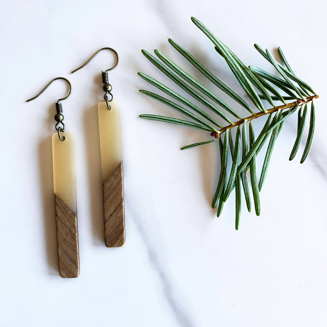 Long Classic Walnut Wood + Resin Earrings