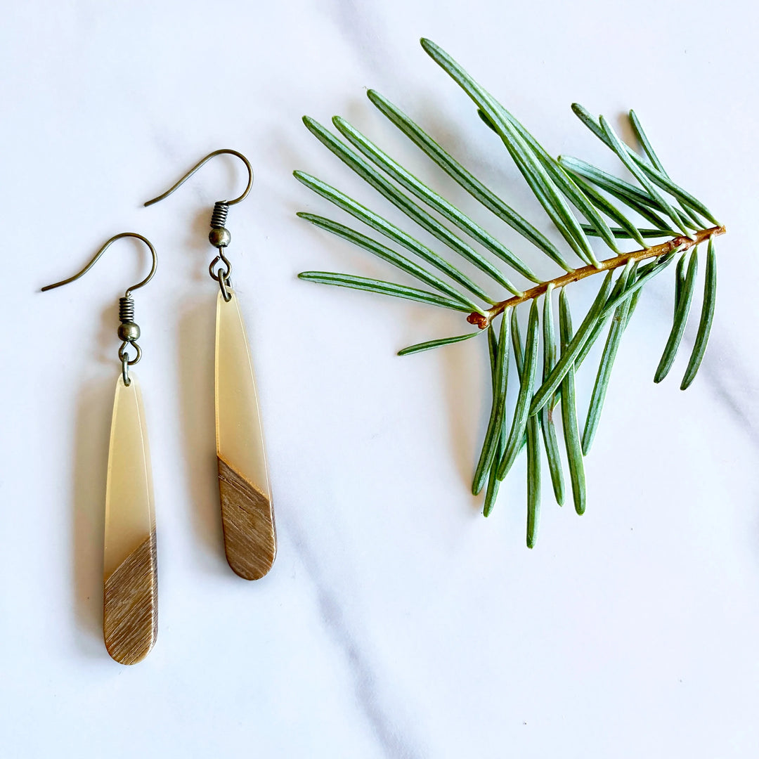 Tear Drop Walnut Wood + Resin Earrings | Champagne