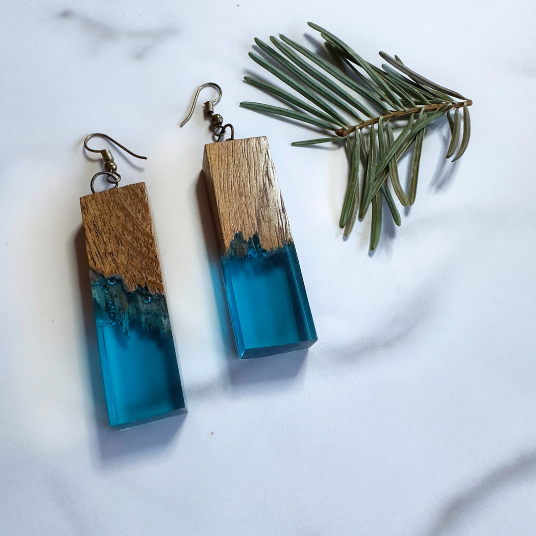 Long Natural Wood Log + Resin Earrings | Underwater Forest Tahoe Blue
