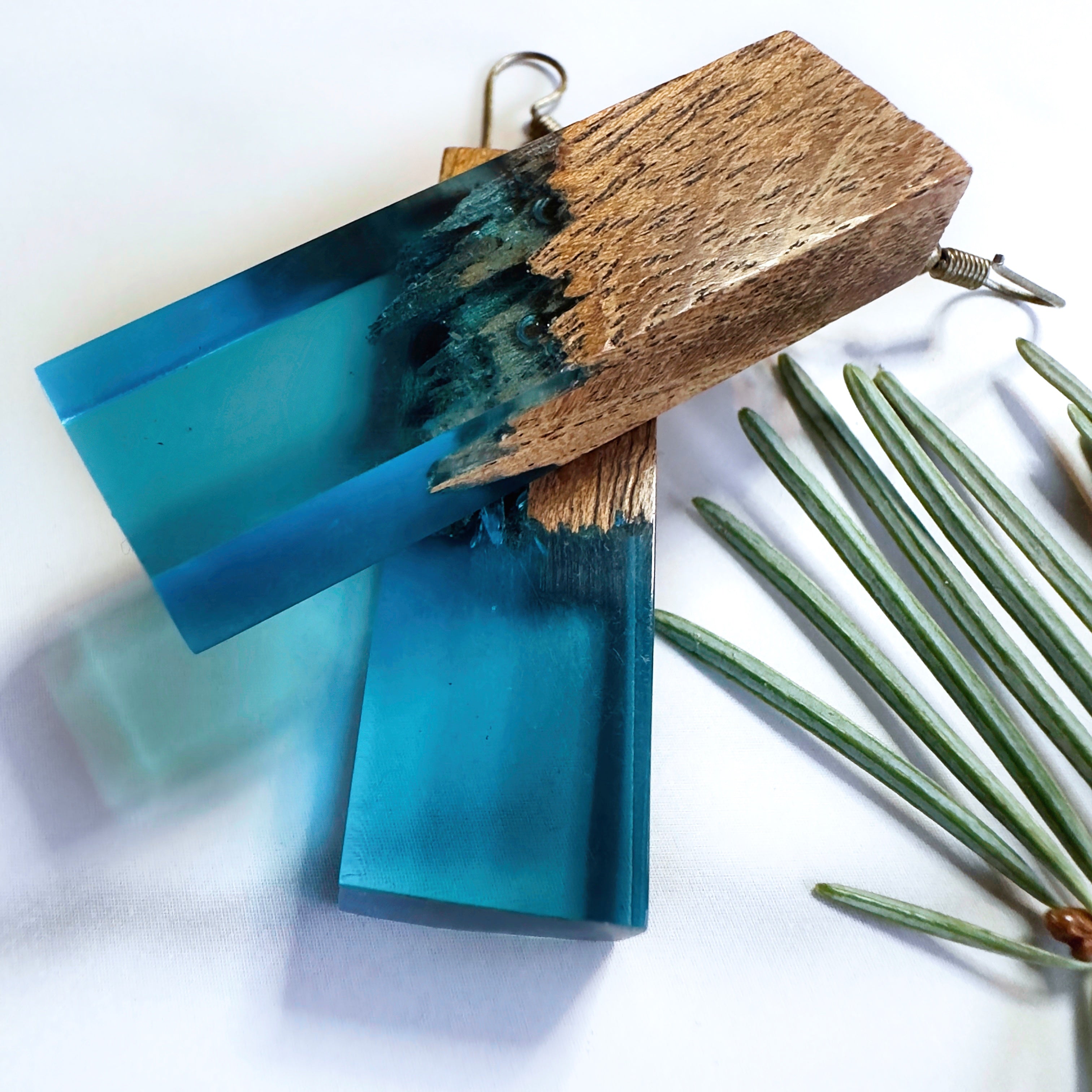 Long Natural Wood Log + Resin Earrings | Underwater Forest Tahoe Blue