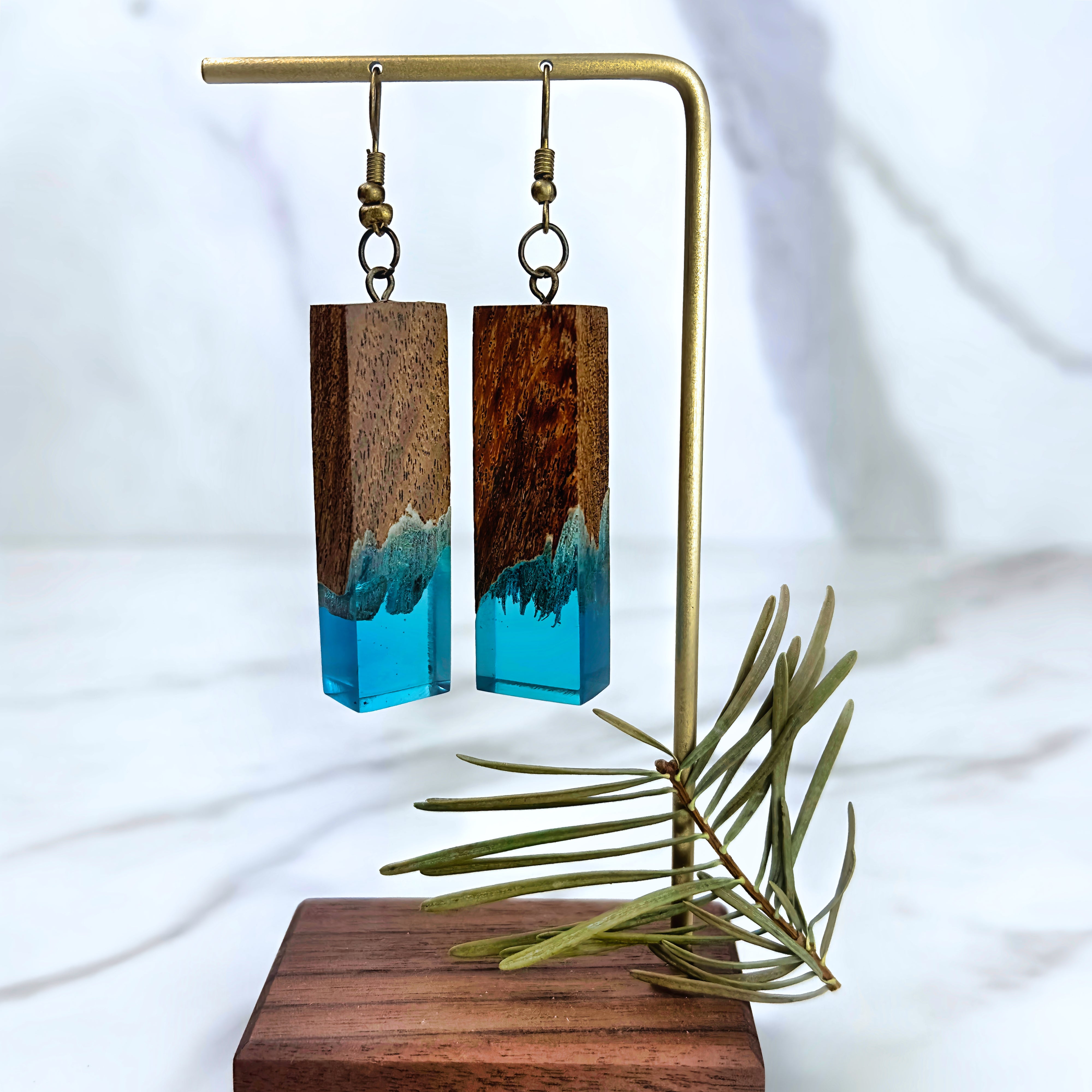 Long Natural Wood Log + Resin Earrings | Underwater Forest Tahoe Blue