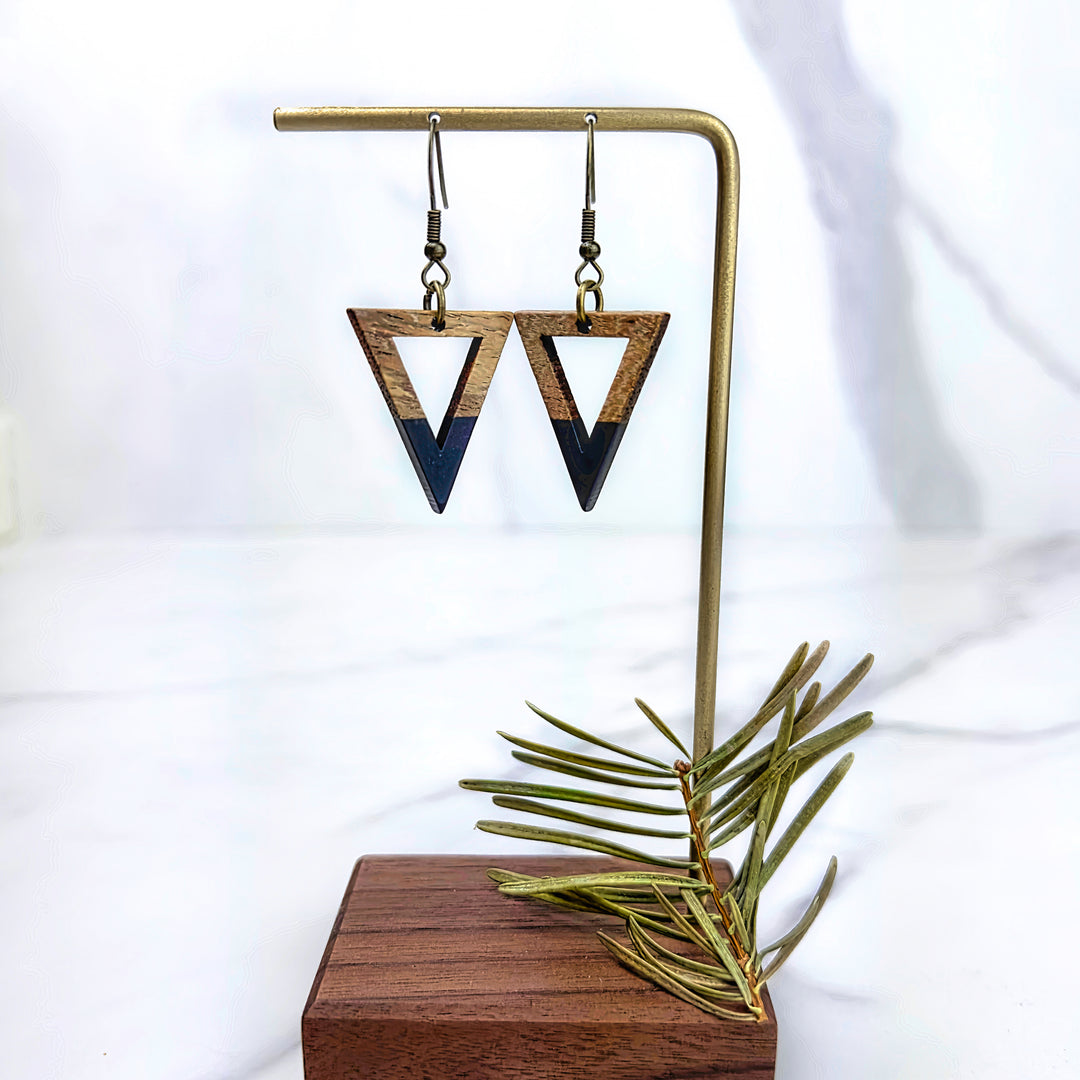 Triangle Walnut Wood + Resin Earrings | Black Dangle Earrings